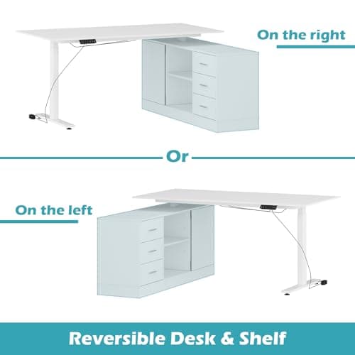 Homsee Home Office L Shaped Electric Standing Desk with Drawers and Shelves, Height Adjustable & Shape Reversible Stand up Desk, 63" Computer Executive Corner Table, White 7