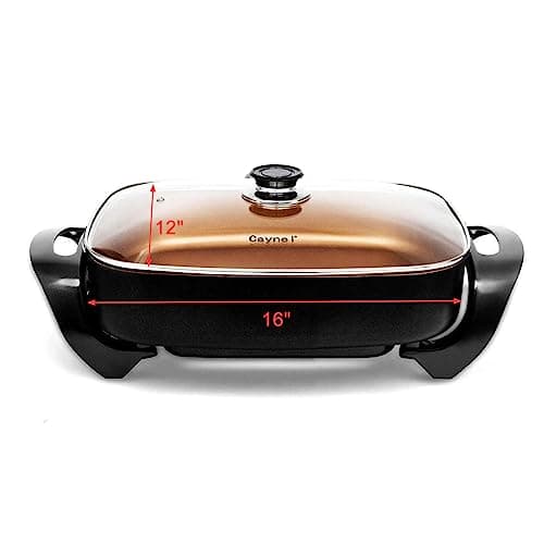 Caynel Professional Non-stick Copper Electric Skillet Jumbo, Deep Dish with Tempered Glass Vented Lid, Upgrade Thermostat, 16”x 12”x 3.15”- 8 quart 7
