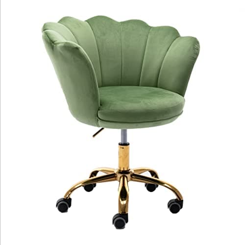 ZOBIDO Comfy Home Office Task Chair with Wheels, Cute Modern Upholstered Velvet Seashell Back Adjustable Swivel Vanity Desk Chair, for Women, for Girls, Living Room(Classic Green)