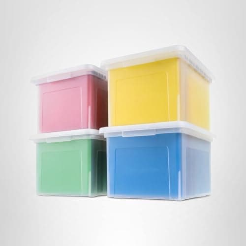 IRIS USA File Box, Plastic File Organizer with Lids for Letter/Legal File, Portable Document Box For Moving, Storage Bin with Durable and Secure Lid, Stackable Nestable BPA-Free, Clear 35 Qt. 4 Pack 10