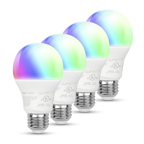 Amazon Basics Smart A19 LED Light Bulb, Color Changing, 9W (60W Equivalent), 800LM, Works with Alexa Only, 2.4 GHz Wi-Fi, No Hub Required, Energy Saving, 4-Pack