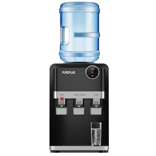 PUREPLUS Top Loading Water Cooler Dispenser, Countertop Water Cooler for 3 or 5 Gallon Bottles, Hot & Cold Water, 3 Temperature Settings, Child Safety Lock, Removable Drip Tray for Home, Office