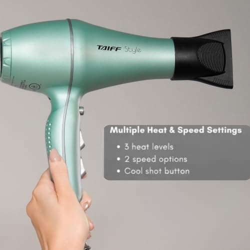 Taiff Style IonSense Professional Hair Dryer | 1875W Ionic Ceramic Blow Dryer with Diffuser | Lightweight Travel Friendly | Dual Voltage - Fast Drying | Green 5