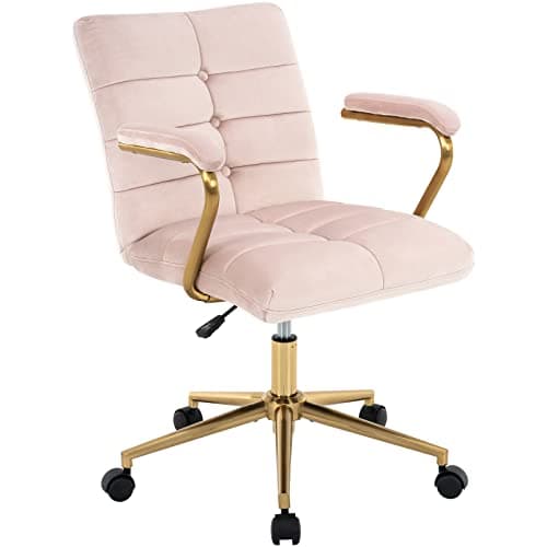 MFD LIVING Velvet Home Office Desk Chair, Upholstered Adjustable Swivel Task Chair with Wheels, Tufted Mid-Back Computer Chair with Arms, for Study Living Room Vanity (Pink, Gold Base)