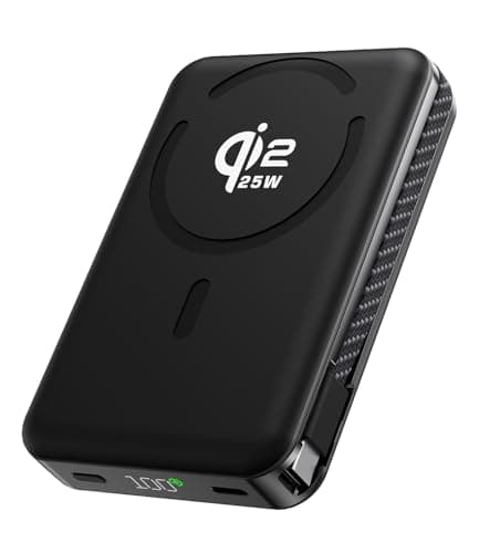 KU XIU Qi2.2 25W Solid-State Magnetic Portable Charger, for Magsafe 10000mAh Battery Pack, Built-in USB-C Cable Fast Charging Stand for iPhone 17/16/15/14/13 Pro Max, Black