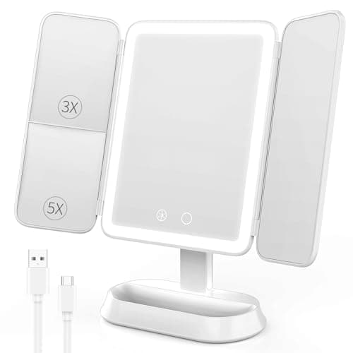 FRANO Vanity Mirror with Lights - Rechargeable Lighted Makeup Mirror | 1X/3X/5X Magnification, Smart Touch, 3 Colors Dimmable | Portable Trifold Mirror for Travel - Gifts for Women