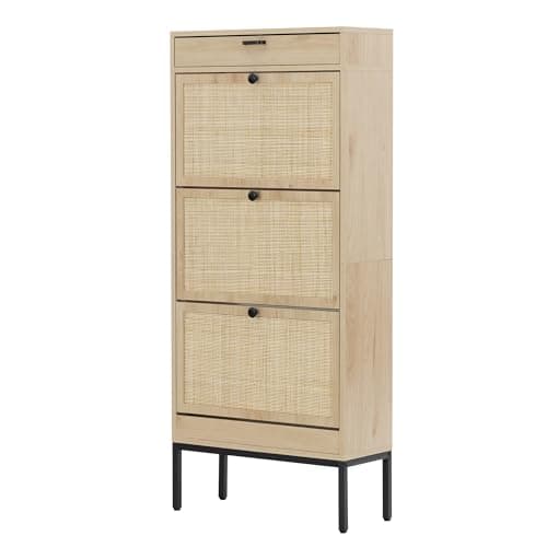 XIAO WEI Shoe Cabinet, Natural Rectangular Rattan Shoe Storage Organizer Cabinet with 3 Flip Drawers, Freestanding Shoe Rack with Adjustable Shelf for Entryway