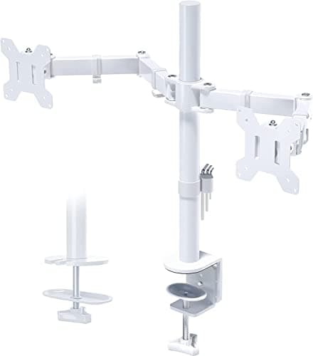 BONTEC Dual Monitor Desk Mount, Full Motion Adjustable White Monitor Stand for 13–27 Inch Screens, Heavy Duty Arms Hold 22 lbs Each, VESA 75x75/100x100, C Clamp and Grommet Base, Cable Management