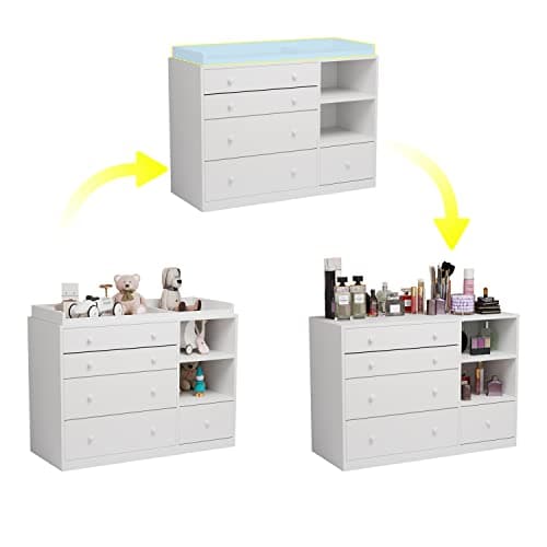 AIEGLE Baby Nursery Dresser, White Bedroom Dresser with 5 Drawers & Storage Shelves, Wood Chest of Drawers Nursery Storage Kids Organizer (47.6" L x 19.7" W x 36.1" H) 6