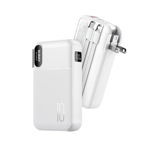 RORRY Portable Charger Built in Cables, AC Wall Plug In Portable Charger Power Bank 10000mAh Travel Battery Pack 22.5W Fast Charging for iPhone 17/16/15 Samsung Galaxy S24/S23/S22 Pixel LG iPad, White