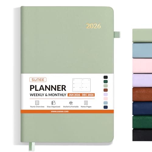 SUNEE 2026 Weekly & Monthly Hardcover Planner 5.5" x 8.3" - 12 Month (January 2026 - December 2026), Small Hardcover Planner, Pocket, Notes, 100 GSM Paper, Sage Green