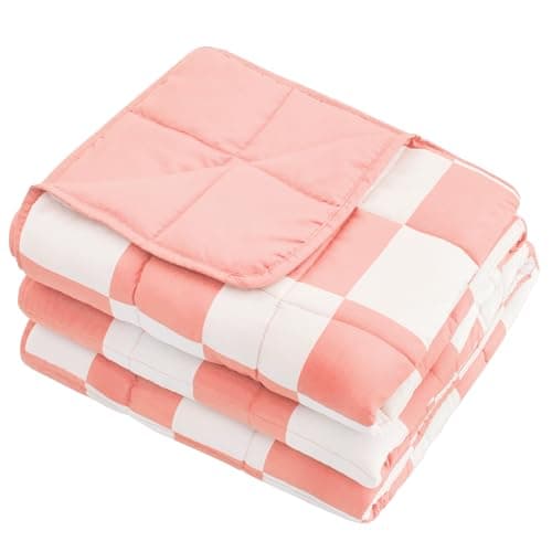 Pink Checkered Weighted Blanket for Adults 12lbs, 48"x72", Twin Full Size Cooling Plaid Heavy Throw Blanket for 110-130lbs, Microfiber Soft Thick Big Blankets Weighted Comforter Gift for Sleeping 7