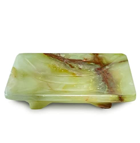 Luxury Handmade Green Calcite Crystal Soap Dish Holder with Drain for Bathroom and Shower, Best Bath Products & Sponge Tray for Kitchen & Housewarming Gifts.