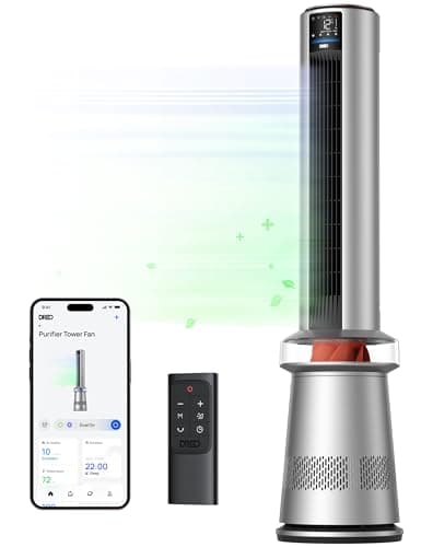 DREO Air Purifier Tower Fan, 45" 2-in-1 Smart Fan for Bedroom, 27ft/s Velocity, 120°Oscillation, 24H Timer Bladeless Fans for Home, 25dB Low Noise, Standing Fan Works with Alexa, MC710S, Silver Orange