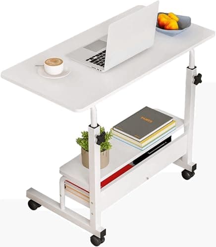 Adjustable Height Mobile Computer Desk for Small Space Rolling Writing with Wheels Corner Home Office Study Portable Bedrooms Work Size 31.5 Inch Storage Gaming Table, White D