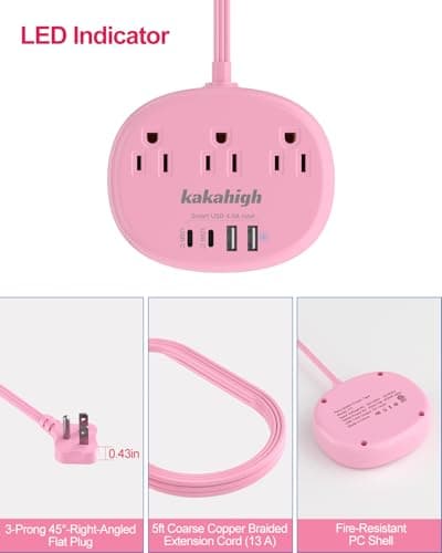 Pink Extension Cord with Surge Protected 1080J - 5 FT Kawaii Power Strip, 1625W Cute Extension Cord with 3 AC Outlet 4 USB (24W/4.8A), Compact for Cute Pink Kawaii Desk Home Essentials 7