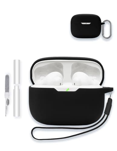 Case for JBL Vibe Beam 2/Vibe Beam - True Wireless Noise Cancelling Earbuds, Soft Silicone Protective Portable Scratch Shock Resistant Shell with Cleaner Kit & Carabiner & Lanyard，Black