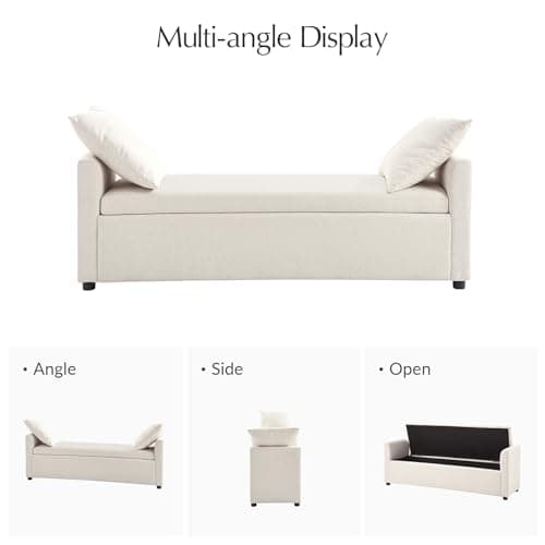 HULALA HOME Modern Storage Bench with Throw Pillows, 59.4" Extra Long Bedroom Ottoman Bench for End of Bed, Comfy Upholstered Footstool for Entryway Living Room Dining Room, Linen 8