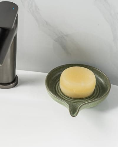 Soap Dishes, Ceramic Shower Soap Dish with Waterfall Design Bar Soap Holder Self Draining Soap Saver for Shower, Bathroom, Sink, Kitchen and Countertop, Green 8