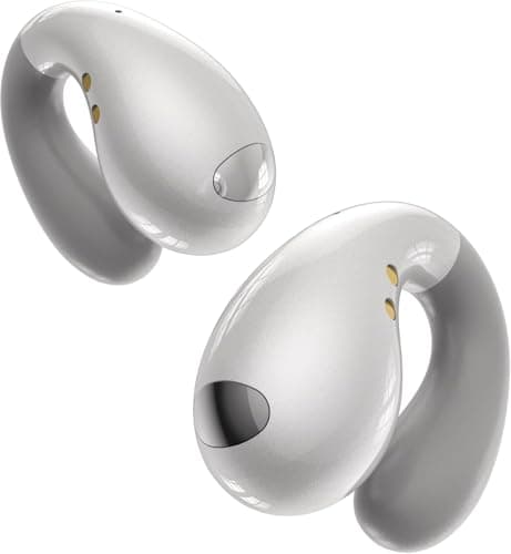 Boytond Pearl White Ergonomic Clip-On Open-Ear Earbuds: Waterproof Bone Conduction Headphones with AI Translation for Sports & Fitness