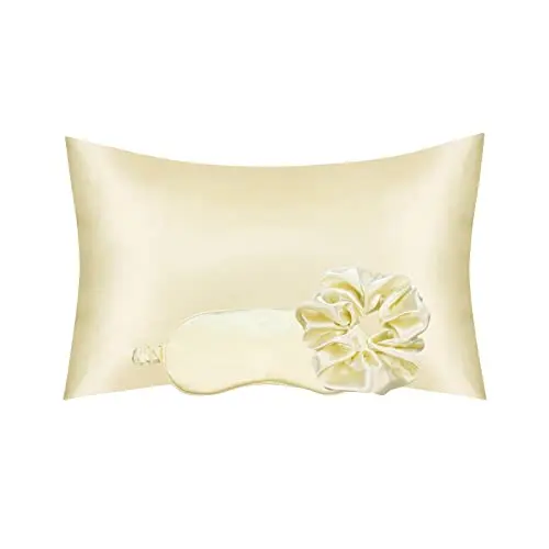 KISMETICS - Vegan Silk Sleep Set, Vegan Silk Pillowcase with Large Scrunchie and Eye Mask for Hair and Skin, Self Care Essential Satin Night Routine Kit (Light Yellow Color)