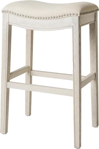 Maven Lane Adrien Backless Bar Stool – 31 Inch Saddle Seat with Footrest – Cream Solid Wood Frame & Natural FabricUpholstery – Ideal for Bars, Pub Tables & Tall Kitchen Counters