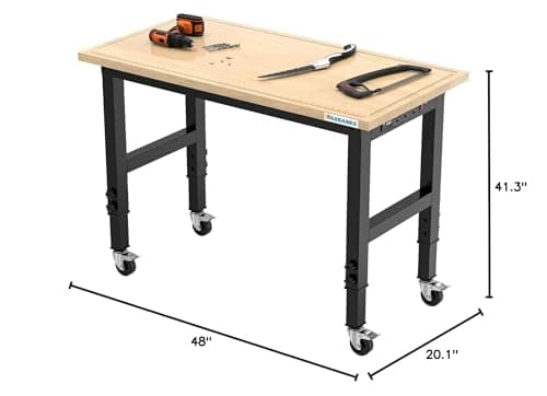 LARBANKE 48" Heavy-Duty Adjustable Workbench with Brake Wheels,Hardwood Worktable Weight Capacity Over 2000 Lbs,Rubber Wood Workbench has Adjustable 5 Different Heights,for Workshop,Garage,Office,Home 8