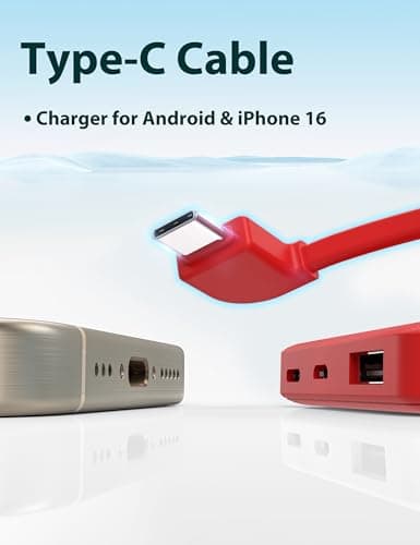 miisso 6000mah Ultra Slim Built in Cables Power Bank, Card Size Built in USB C Cords Battery Pack Portable Charger for Phones, 3 Output External Battery Pack Compatible with iPhone, Red 4