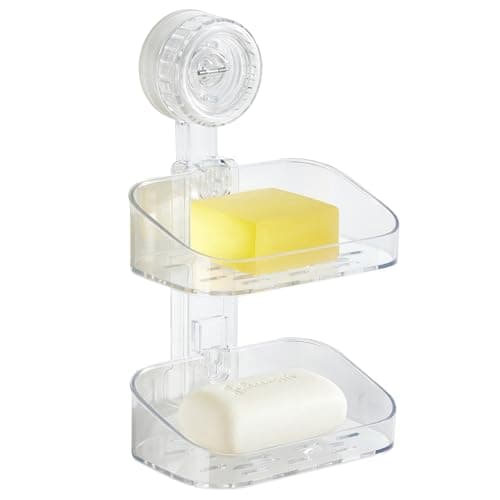 DEEIF Soap Dish for Shower, Suction Cup Bathroom Double Soap Dish Holder for Shower Wall, Self Draining Bar Soap Holder (Clear- 2 Tier)