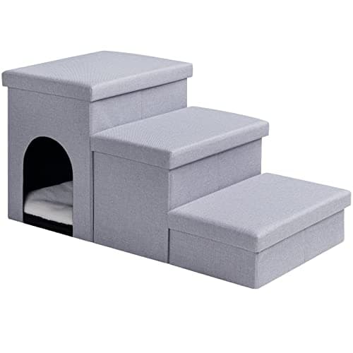HOOBRO Dog Stairs with Storage, Foldable Dog Steps for High Bed Or Couch, 29.2" L x 15.8" W x 15" H, Pet Stairs with Pet House, for Small Dogs, Hold up to 150 lbs, 3 Steps, Gray GY03PT03 9