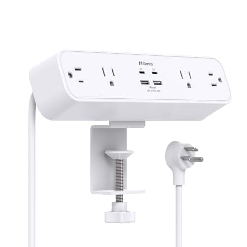 PD30W Desk Clamp Power Strip, Desktop Mount Surge Protector, Fast Charging Station, 5Ft Extension Cord Desk Edge Mount Shelf with 4 Outlets 4 USB Ports (2 USB C), Home Office Accessories Essentials
