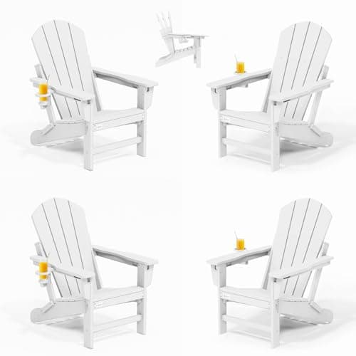 Mdeam 3-Position Adjustable Adirondack Chairs Set of 4, 400LBS Capacity, Cup Holder, Wooden Textured, All-Weather HDPE Folding Fire Pit Outdoor Chairs for Poolside Deck Patio Garden Yard Lawn - White