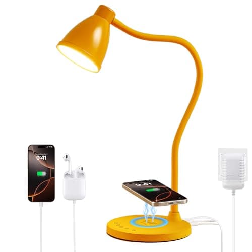 BOHON LED Desk Lamp with USB C+A Charging Ports Wireless Charger, 5 Colors Stepless Dimming Touch Reading Light, Flexible Neck Lamp for Home Office Bedside Table College Dorm Room, Bright Yellow