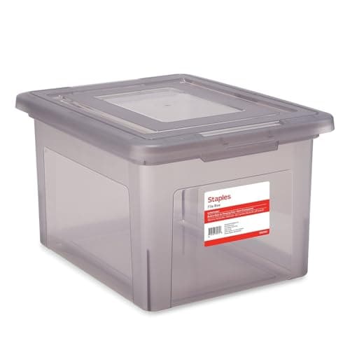 STAPLES Hanging File Folder Box, Storage Bin Organizer, Snap Lid, Letter & Legal Size Documents, Frost Gray