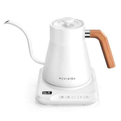 ECORELAX Gooseneck Electric Kettle, ±1℉ Temperature Control Pour Over Kettle for Coffee, Tea & Water, Stainless Steel 1200 W Keep Warm OLED Display 1 L (White)