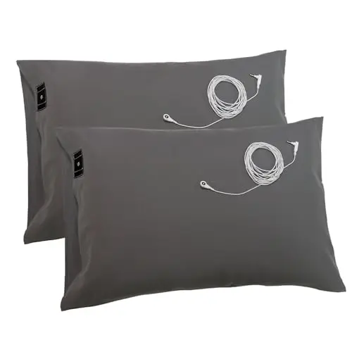 Grounding Pillowcases, 20x30 Inch,Grey Grounding Pillowcases with Grounding Cords,Soft Cotton Silver Fiber Grounding Pillow Case for Better Sleep (Pack of 2)