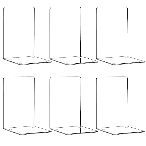 HappyHapi Acrylic Bookends for Shelves, 6 Pcs Clear Book Ends for Heavy Books, Decorative Non-Slip Book Holder for Home Library Office, 5 x 5 x 7.3 inch，3 Pair