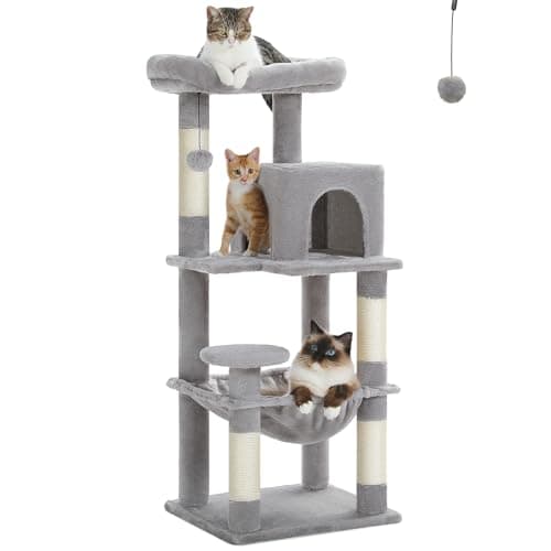 PETEPELA 45.7" Cat Tree for Indoor Cats, 5-Level Cat Tower for Large Cats with Metal Frame Large Hammock (17.3"x15.3"), Cat Condo with (18.5"x13") Big Top Perch & 4 Sisal Covered Scratching Post Grey