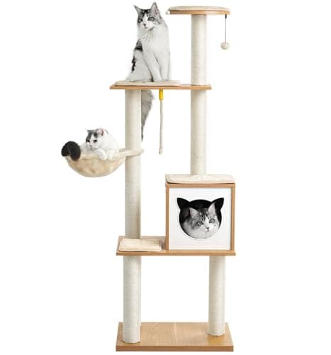 Made4Pets Cat Tree, Modern Cat Tree Tower for Indoor Cats - 65" Tall Wood Condo with Hammock, Scratching Post and Removable Pads for Small Large Cats, Beige