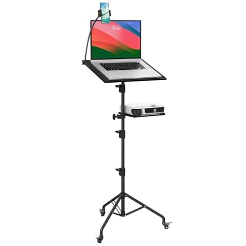 DYNAMO TECH Projector Stand Tripod Laptop Tripod with Wheels & Adjustable Height Portable Podium Stand with Phone Holder Projector Holder for Home, Office, School & DJ Matte Black