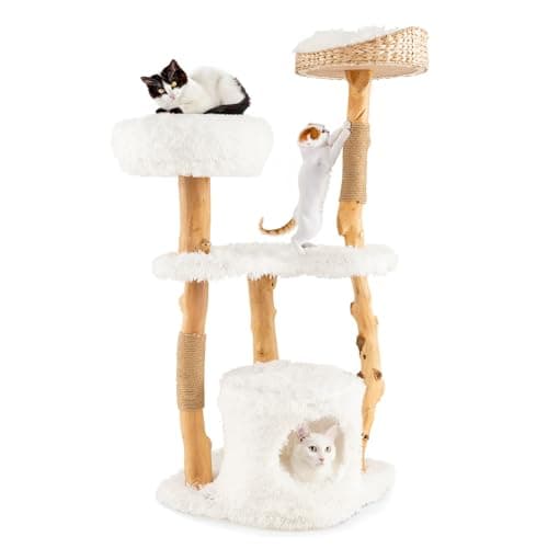 Tangkula Cat Tree Tower, Solid Wood Modern Cat Tower with Top Cattail Basket Bed, Side Perch, Large Platform & Condo, Cute Cat Tree with Scratching Posts for Indoor Cats Large Adult