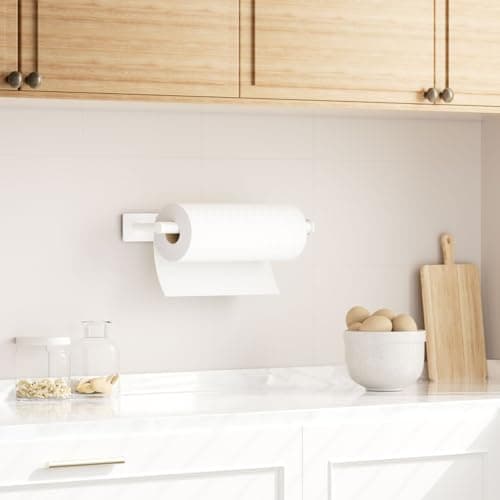 Paper Towel Holder Under Cabinet - 1 Pack Matte White, Self-Adhesive or Drilling Mount, Sturdy Stainless Steel Space-Saving Rack for Kitchen, Bathroom, RV, Rental-Friendly Design 7