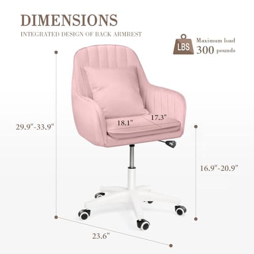 HDHNBA Mid Back Velvet Vanity Chair Swivel Rolling Desk Chair with Wheels, Modern Upholstered Makeup Chair for Women Girls, Computer Task Chair for Bedroom Living Room Office, Pink 2