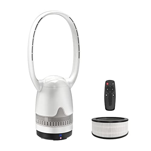 Mitcent Bladeless Fan and Air Purifier Combo 26-Inch, HEPA-Filter, 8-Speed, 120° Oscillating, Remote Control, 8H Sleep Timer, White (MT1004)