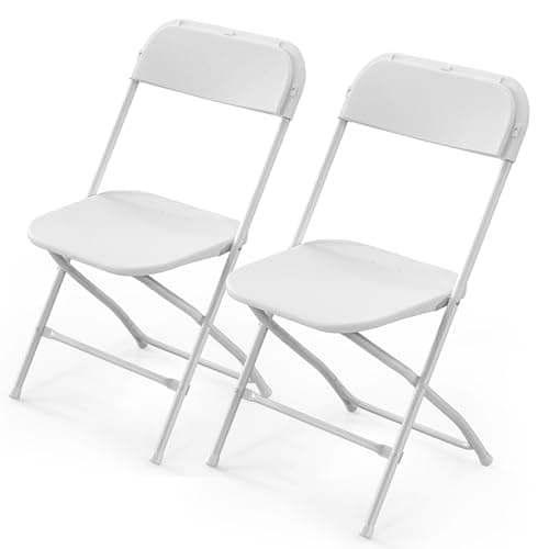 VINGLI White Plastic Folding Chairs, Set of 2, Heavy-Duty Commercial Seats with Steel Frame, 350 lb Capacity, for Indoor & Outdoor Events, Office, Wedding, Party & Dining (2, White, S)