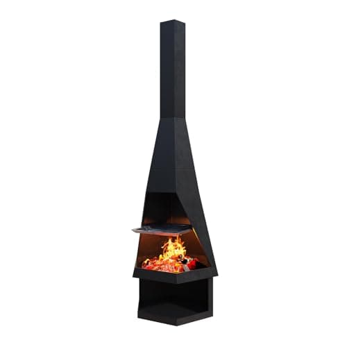 HAINAWANG Chiminea Outdoor Fireplace, 60x18in Cold-Rolled Steel Wood Burning Fire Pit, Patio Metal Rocket Fireplaces, Free Standing Fireplace with Built-in Log Storage for Garden and Backyard