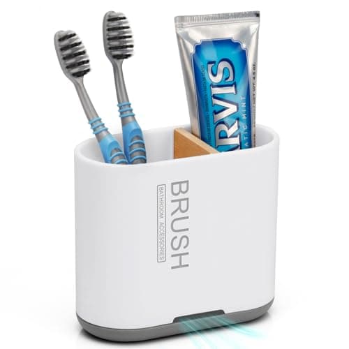 Toothbrush and Toothpaste Holder with Bamboo Divider for Bathroom Countertop Organizer, Detachable for Easy Clean, 2 Slots Electric Toothbrush Holders Storage Caddy Drainage for Family-White