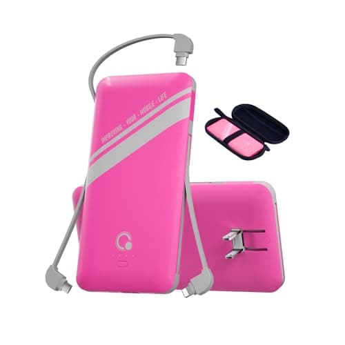10000mAh Power Bank, Q Slim Portable Charger,4 Output External Battery Pack with Built-in AC Wall Plug Micro USB C Three Cables Compatible with All Kinds of mobilephone (Pink)