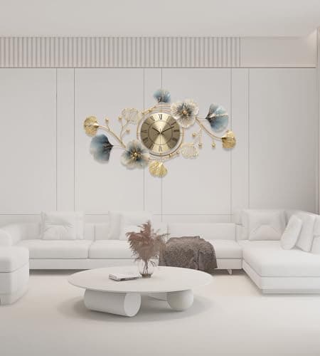 TANWO Wall Clocks for Living Room Decor, Large Wall Clock, 360° Rotate Modern Metal Ginkgo Leaf Silent Decoration Wall Clock for Living Room Bedroom Home (33x19in) 6