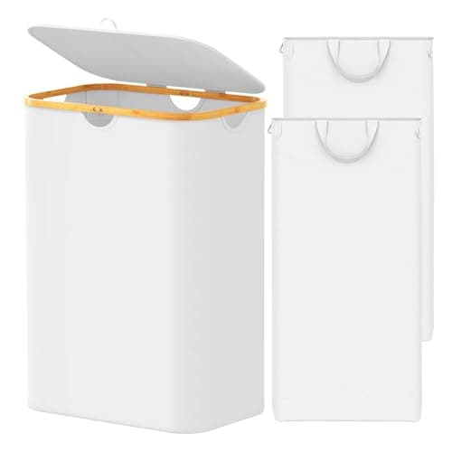 SpaceAid Double Laundry Hamper 2 Section with Lid and Removable Laundry Bags, 160L Clothes Basket with Bamboo Handles, Large Collapsible Hamper for Bedroom, Bathroom, Dorm, Laundry Room - White